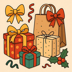 Gift boxes, wrapped presents, paper bag, festive decorations with bows, ribbons. Holiday celebration concept. Modern cartoon illustration.