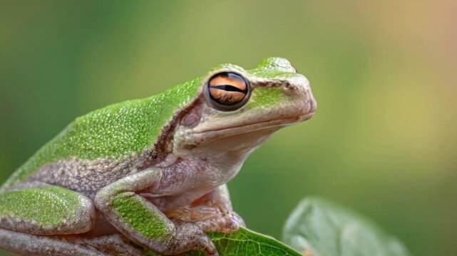 This extreme close-up shot captures a beautiful green amphibian resting peacefully on a verdant leaf. Its large, striking eyes, detailed skin texture, and vibrant coloration are prominently featured, 