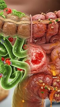 Visual comparison of healthy and unhealthy human digestive systems, illustrating the impact of diet and gut microbiome on intestinal health.