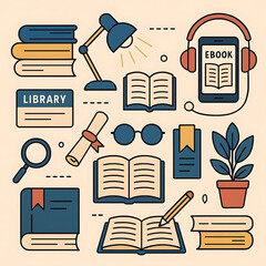 Reading, learning, studying set. Paper books, ebook, audiobook and other library items. Education concept. Vector illustration.