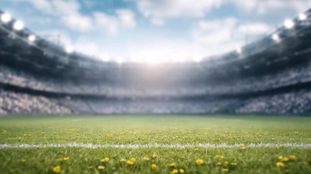 This impressive, wide-angle shot from ground level captures the grand scale of a large outdoor stadium. A vibrant green sports field, marked with a white boundary line and dotted with small yellow flo
