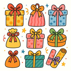 Whimsical gift boxes, bags with ribbons, bows, wrapping paper. Cute festive presents for celebration, holiday, special occasion. Modern cartoon illustration, stickers, doodles