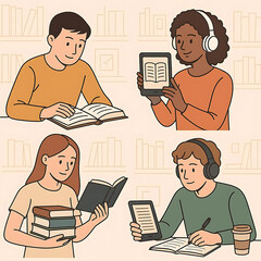 Characters reading, learning, studying with paper books, ebook, audiobook and other library items. Education concept set. Vector illustration.