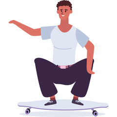 Pixelated Young Man in White T Shirt and Dark Pants Rides a Skateboard With Arms Outstretched in a Balanced Pose Isolated on White
