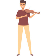 Pixelated Young Man Playing Violin With Brown Shirt and Tan Pants Standing In Transparent Background With Focused Expression And Subtle Smile