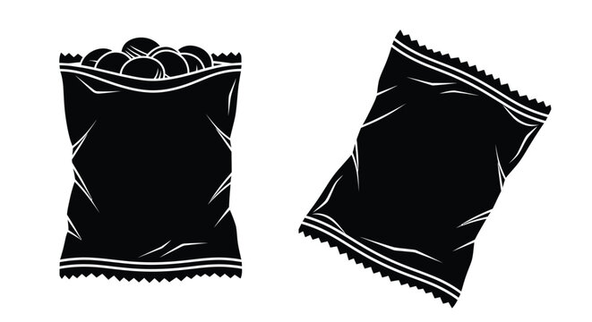 Black and white illustration of two snack bags one full and one empty