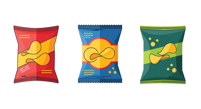 Colorful vector illustration of three different chip bags with snack designs