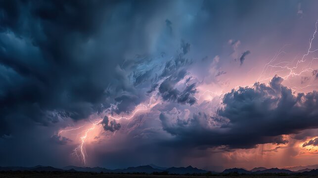 Dramatic Lightning Strike Illuminates Stormy Cloudscape at Dusk With Orange Sunset Sky Horizon and Silhouetted Cityscape in Distance Wide Angle Landscape