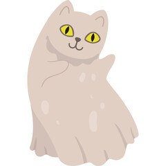 Playful Light Beige Cat Appears as a Ghost Character with Yellow Eyes and a Cute Smile Against a Transparent Background Perfect for Cute and Whimsical Designs
