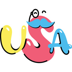 Playful USA Text With A Moustache And Monocle On A Transparent Background