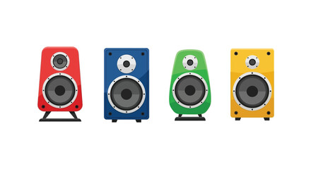 Colorful cartoon speakers arranged in a row showcasing vibrant audio equipment