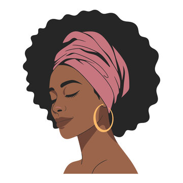 Elegant vector illustration of a black woman with afro hair, wearing a pink headscarf and gold hoop earrings, isolated on