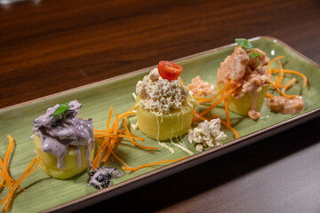 Traditional Peruvian food, trio of causas