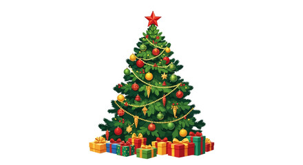 Decorated Christmas Tree with Star Topper and Colorful Gift Boxes.