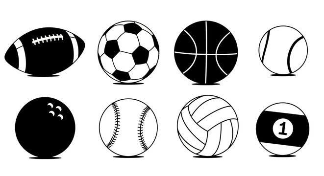 Diverse Collection of Sports Balls - American Football, Soccer, Basketball, and More.