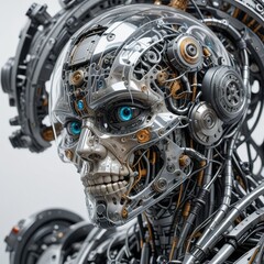 futuristic robotic skull, sleek robotic skull featuring intricate gears and illuminated blue sensors