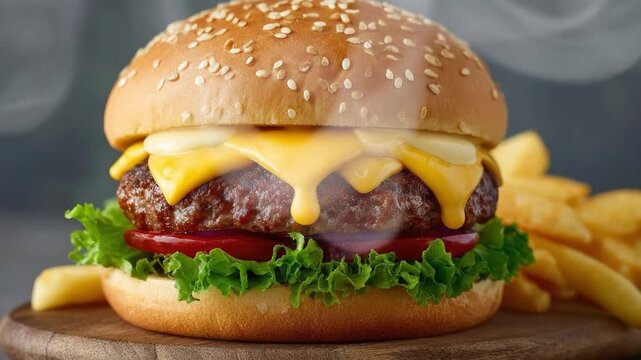 This mouth-watering, perfectly crafted cheeseburger is a true feast for the eyes, showcasing a thick, juicy beef patty generously topped with golden, melted cheese that drips enticingly. Fresh green l