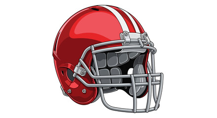 Naklejka premium Red Football Helmet with White Stripes and Silver Facemask.