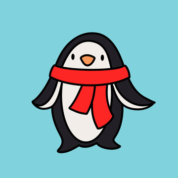 Minimalist Vector Icon of a Penguin with Red Scarf on Light Blue Background