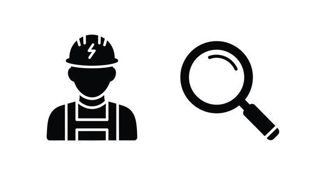 Construction worker with electrical symbol and a magnifying glass icon