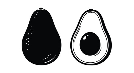 Simple black and white illustration of a whole avocado and a halved avocado