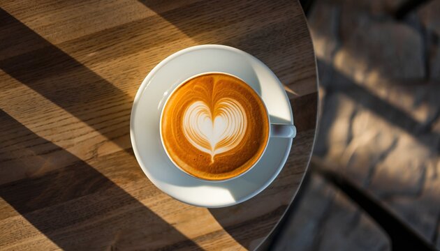Overhead view of a steaming cup of coffee with latte art heart design on a white saucer placed on a wooden table with diagonal sunlight casting shadows on the surface and a textured stone wall in the
