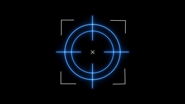 Blue neon crosshair reticle with white corner brackets on black background target scope