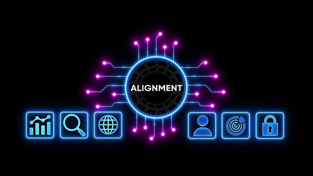 Central circular hub labeled A L I G N M E N T with radiating neon blue circuit lines and pink nodes connecting to six blue neon icon squares on black background