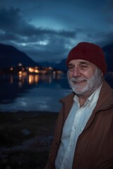 Atmospheric portrait of an older man standing beside a calm lake at dusk, illuminated by moody blue twilight with distant village lights reflecting on the water, capturing a serene travel moment in a 