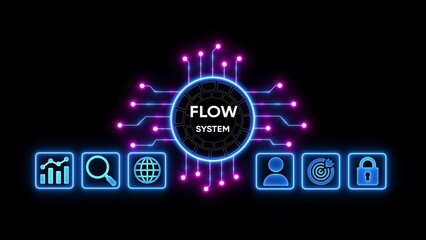 Obraz premium Neon glowing circuit board with icons for data analysis search global network user target and security on black background