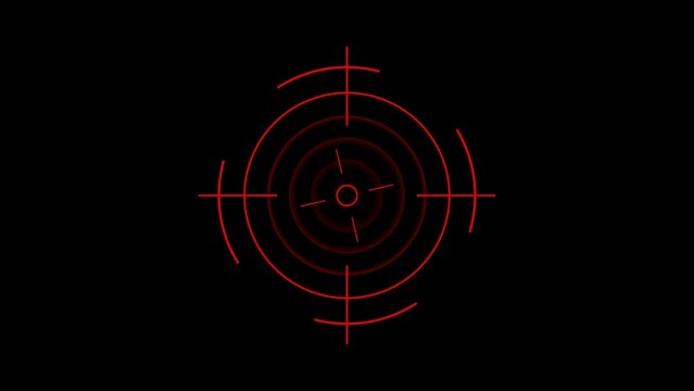 Red crosshair targeting system with concentric circles and arcs on black background reticle scope