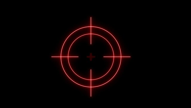 Red neon crosshair reticle glowing on a black background with concentric circles and a central cross