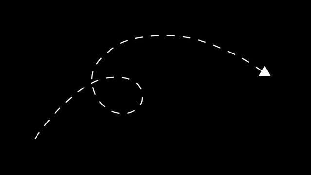 White dashed line arrow curving and looping on black background with a triangular arrowhead pointing right