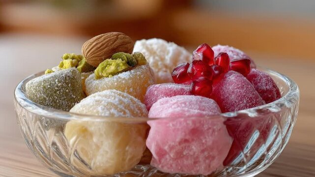 This vibrant close-up captures a delightful assortment of gourmet confections elegantly presented in a decorative glass bowl. Each sweet treat boasts a unique color and texture, featuring pistachio-du