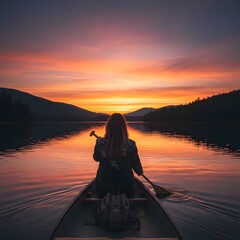 Serene outdoor scene of a lone traveler paddling a canoe across a calm reflective lake at sunset, capturing the peaceful adventure, golden light, and quiet connection with nature in a tranquil wildern