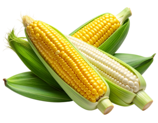 Close-Up Yellow and White Corn with Fresh Green Husks Isolated PNG