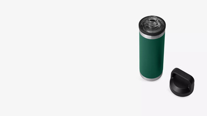 Reusable water bottle with a removable cap placed on a plain background for sustainable hydration.