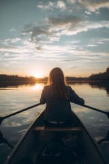 Serene outdoor scene of a lone traveler paddling a canoe across a calm reflective lake at sunset, capturing the peaceful adventure, golden light, and quiet connection with nature in a tranquil wildern