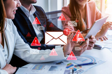 Concept of a cybersecurity warning for unsafe email communication. This alert signifies a phishing attack, spam, or malware risk that requires immediate attention to prevent fraud. Fermion