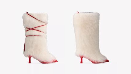 Stylish white fur boots with red accents for winter fashion collection.