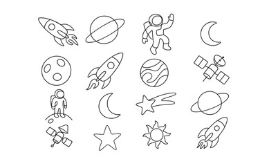 Space exploration icons featuring rockets, astronauts, and celestial bodies in linear style