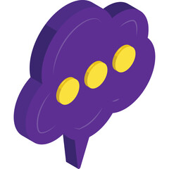 Purple 3D Speech Bubble Icon with Three Yellow Dots Indicating Conversation or Thinking on a Transparent Background