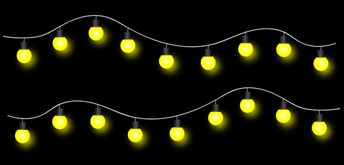 "Parallel Strings of Yellow Glowing Bulbs – Decorative Lighting in Wave Pattern on Black Background vector illustration of an abstract background with stars
