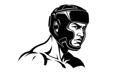 Boxing fighter wearing headgear intense stare ready for combat.