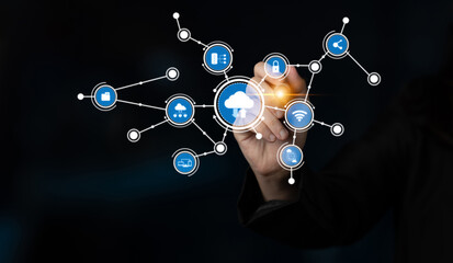 This image illustrates a digital technology concept showcasing cloud computing and network connection with visual icons symbolizing data management and security. Tessel