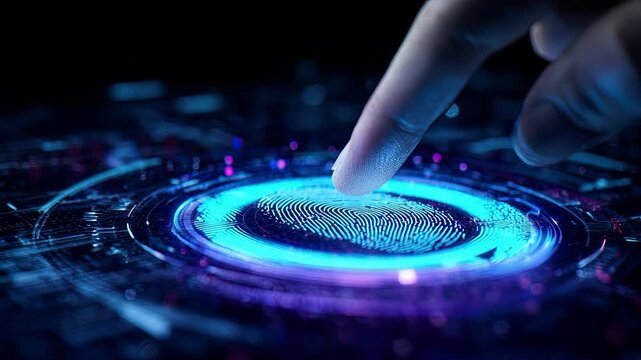 Finger pressing digital fingerprint scanner for biometric security and identity verification on high-tech futuristic interface