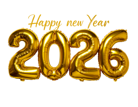  Shiny 2026 Foil Number Balloons with Golden Happy New Year Message PNG