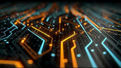 Glowing Circuit Board with Blue and Orange Light Trails - Powered by Adobe