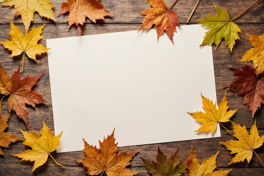 Autumn leaves in vibrant shades of orange, yellow, and red create a beautiful border around a blank white card on rustic wooden background for seasonal message.