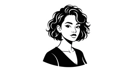 Stylized Black and White Portrait of a Young Woman with Curly Hair.